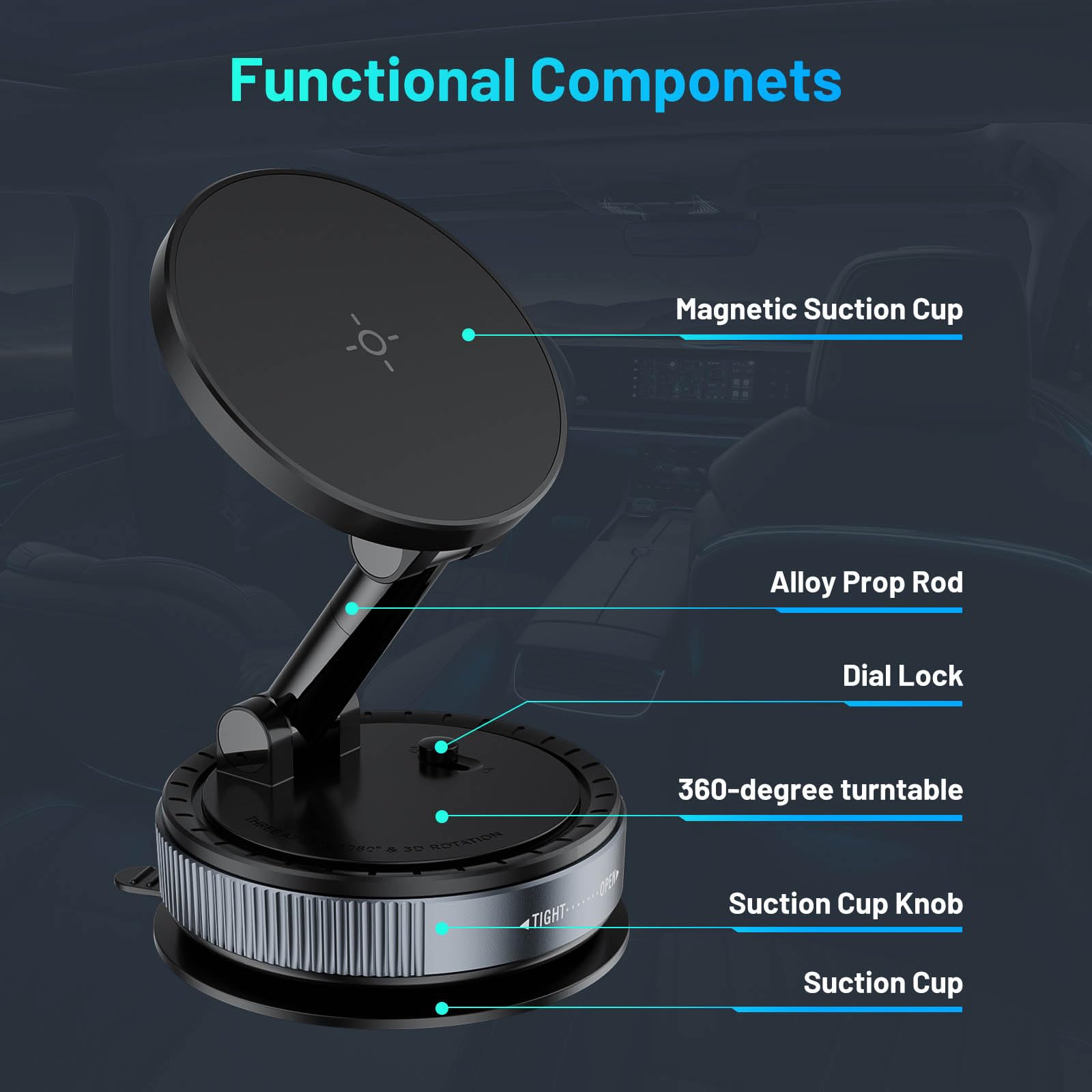 Magnetic Phone Holder For Car, Suction Cup Phone Mount, Foldable Vacuum Magnetic Phone Holder With Adjustable Swivel Lock, 360Ad